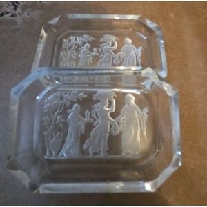 2 Vintage Crystal Intaglio Salt Cellar Dish Three Graces Greek Style Cut Glass